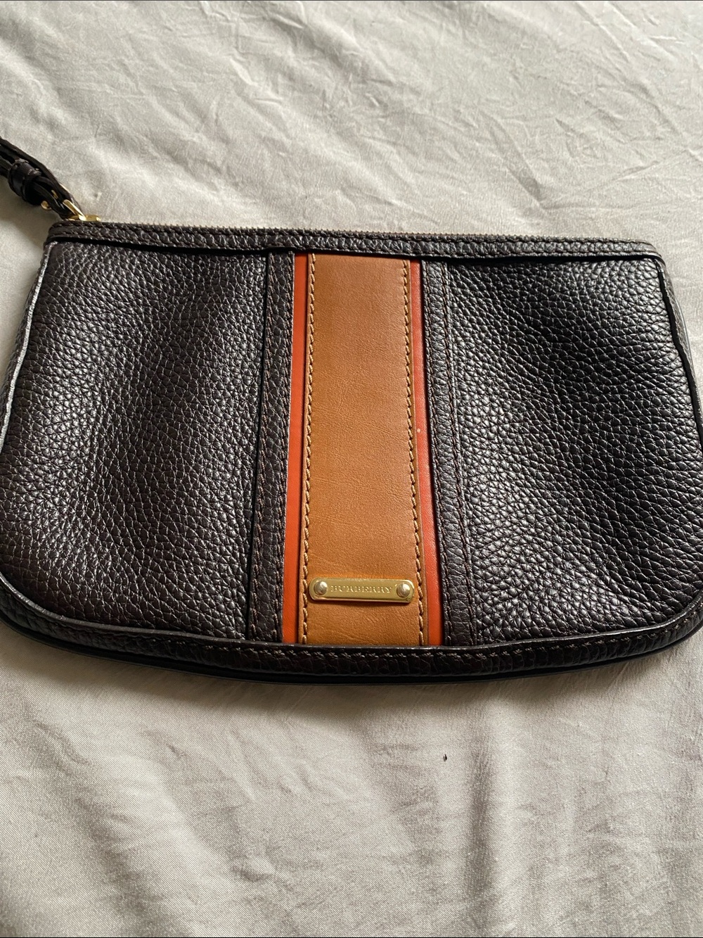 Burberry Dark Brown Wristlet with Orange Center Stripe
